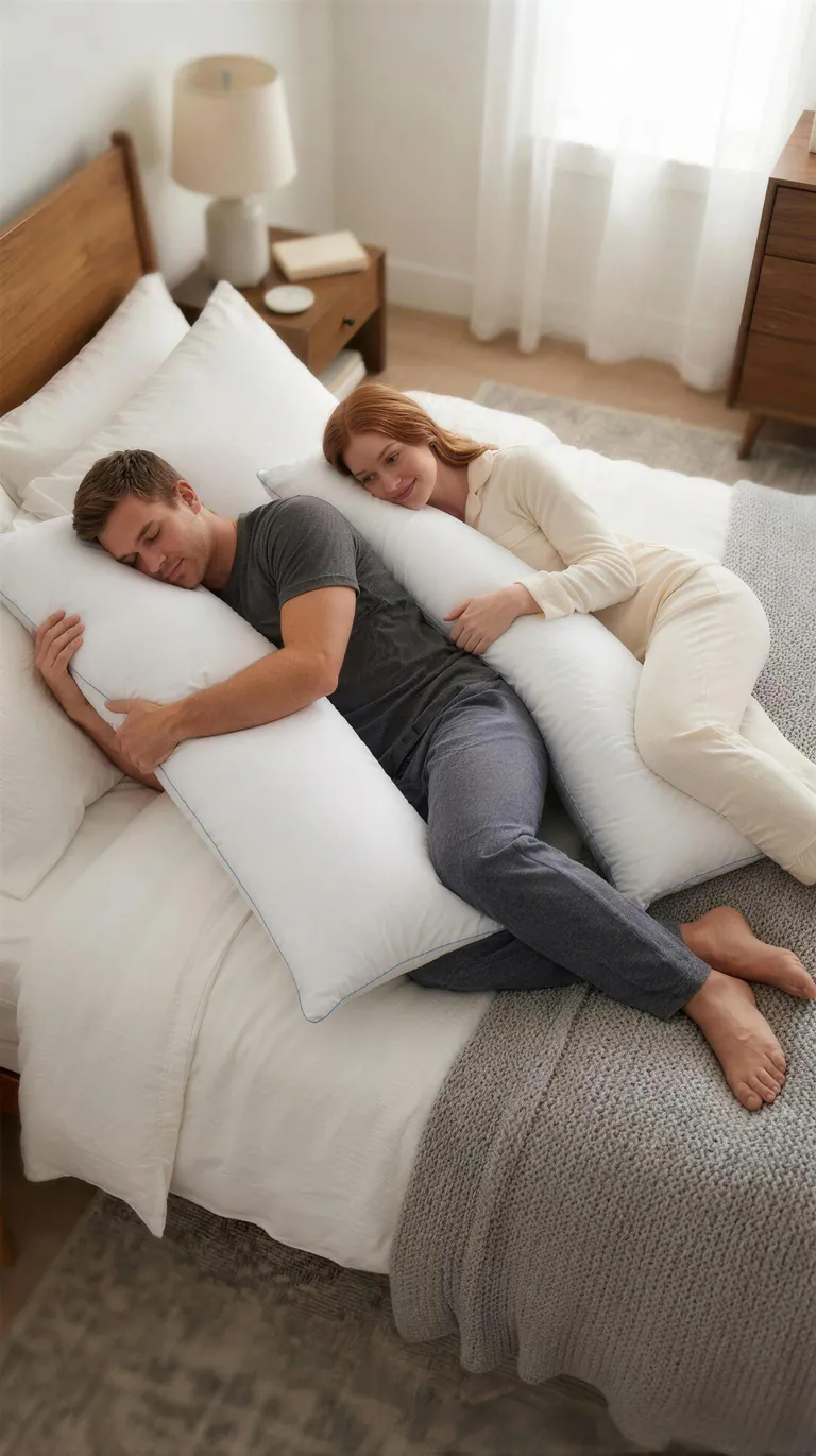 A couple resting on a bed with a long memory foam body pillow