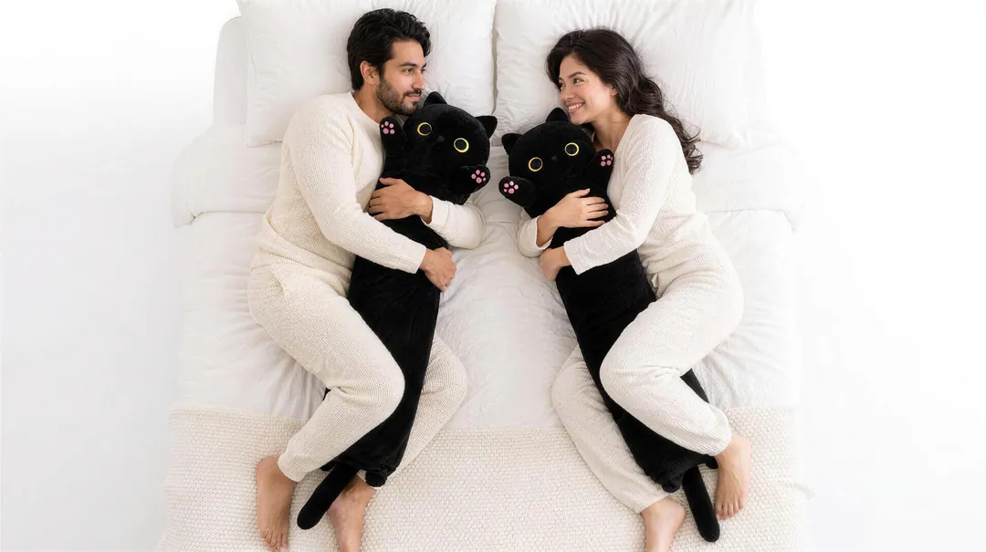 A couple relaxing in bed, each hugging a black cat plush pillow