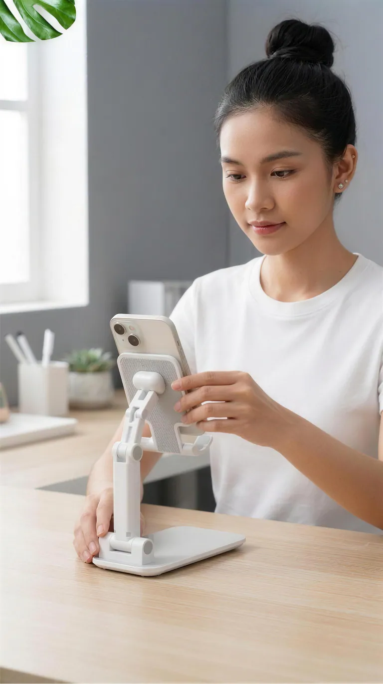 A woman using an adjustable phone stand at her desk